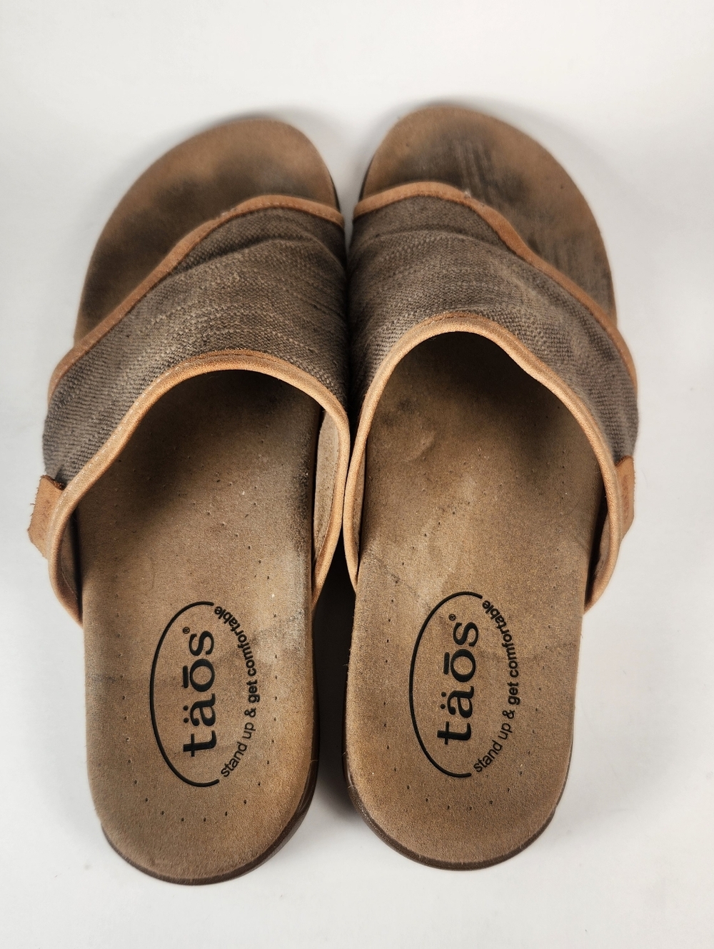 Taos Footwear Brown Canvas Slide Sandals with Tan Trim - Picture 5 of 11